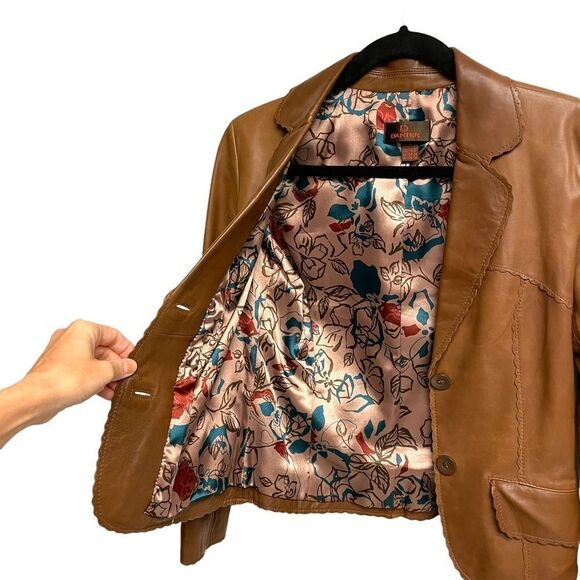 DANIER Leather Button Front Blazer Jacket Cognac Brown XXS - Picture 2 of 7